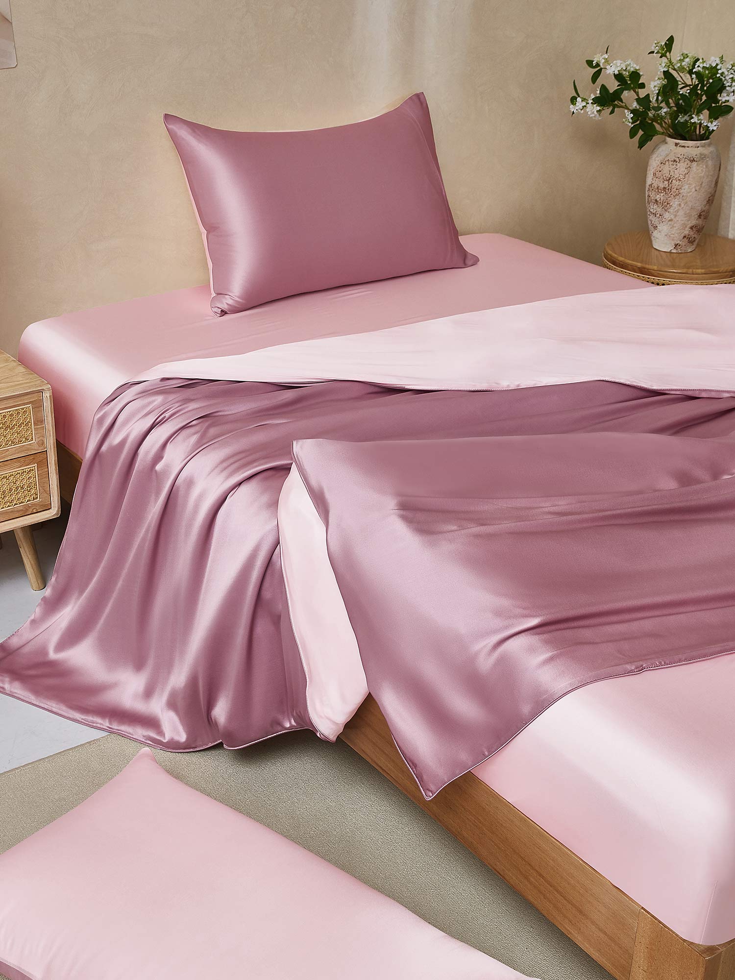 [MalvaPálido+RosaClaro] SilkSilky-ES 19Momme Seda Pura Bedding Set 001,