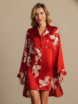 [Rojo Oscuro] SilkSilky-ES Long Sleeve Lapel Collar Camisas de dormir 003