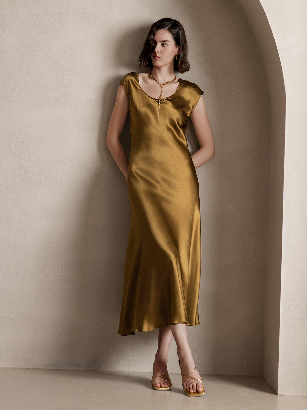 [Marrón] SilkSilky-ES 19Momme Seda Dress 008