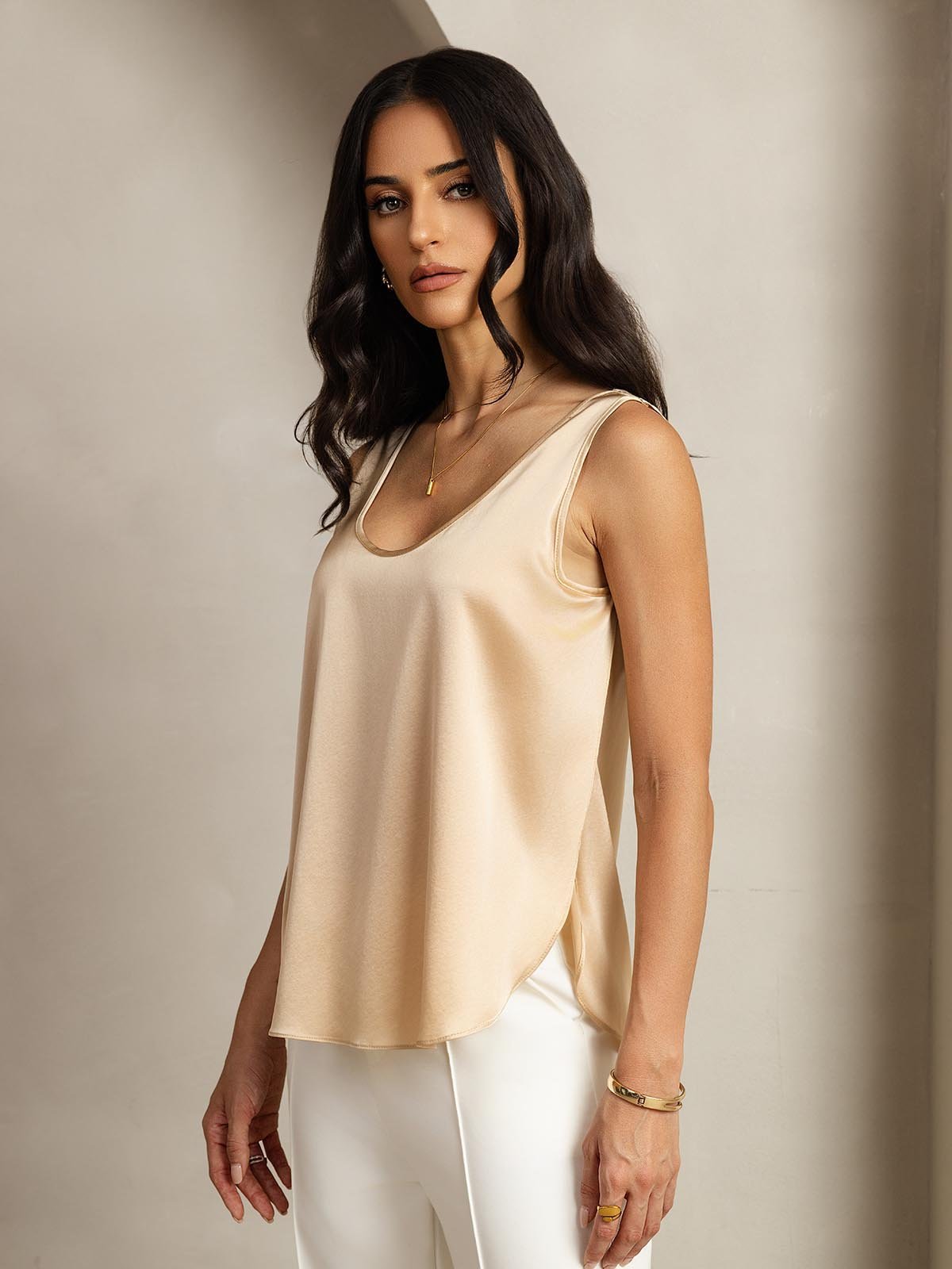 [Champán] SilkSilky-ES 19Momme Seda Cuello en U Camisetas de Mujer 001