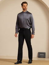 [Gris Oscuro] SilkSilky-ES Long Sleeve Stand Collar Camisa de hombre 008