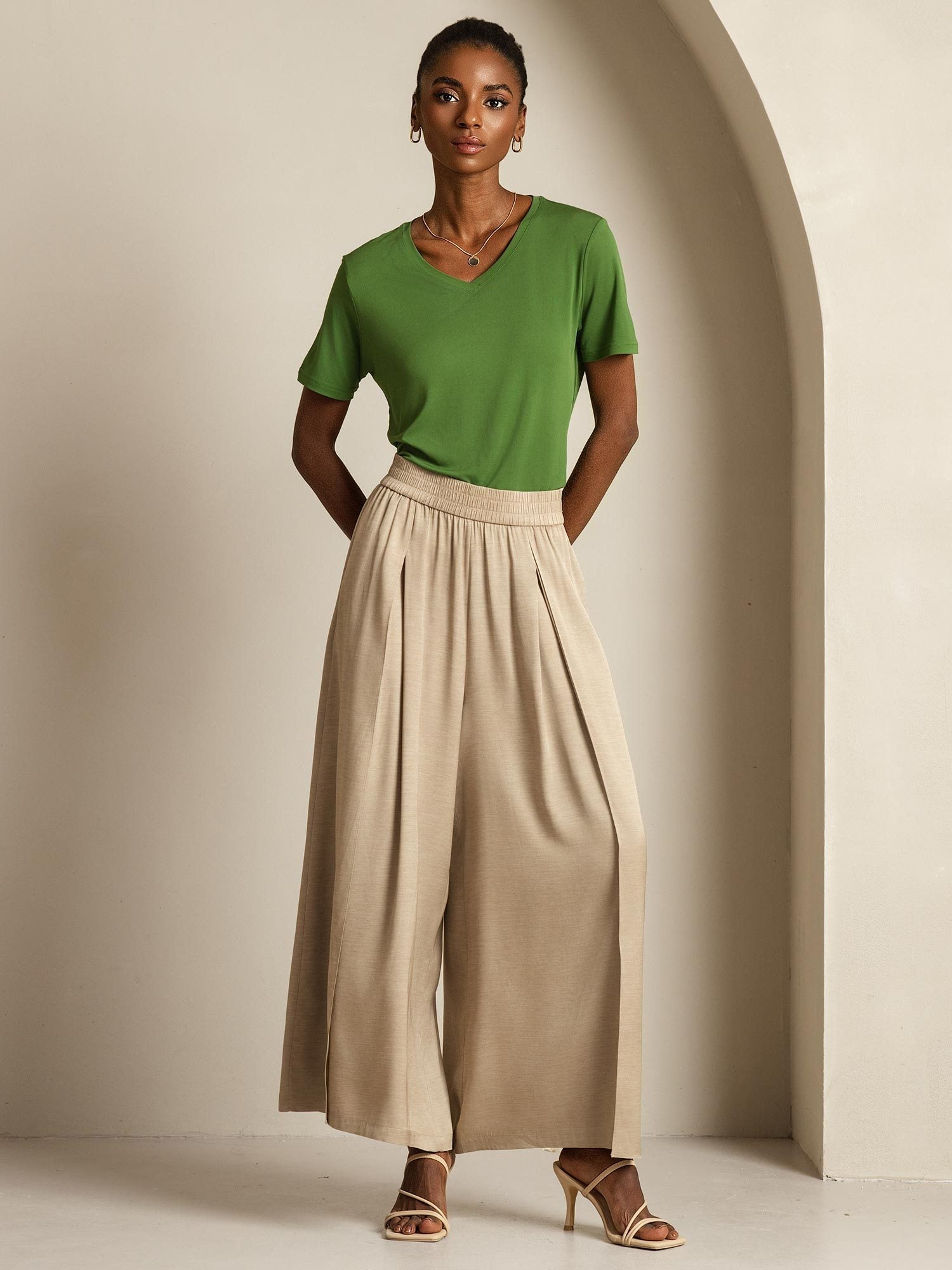 [Marrón Claro] SilkSilky-ES 19Momme Seda Womens Pants 009,