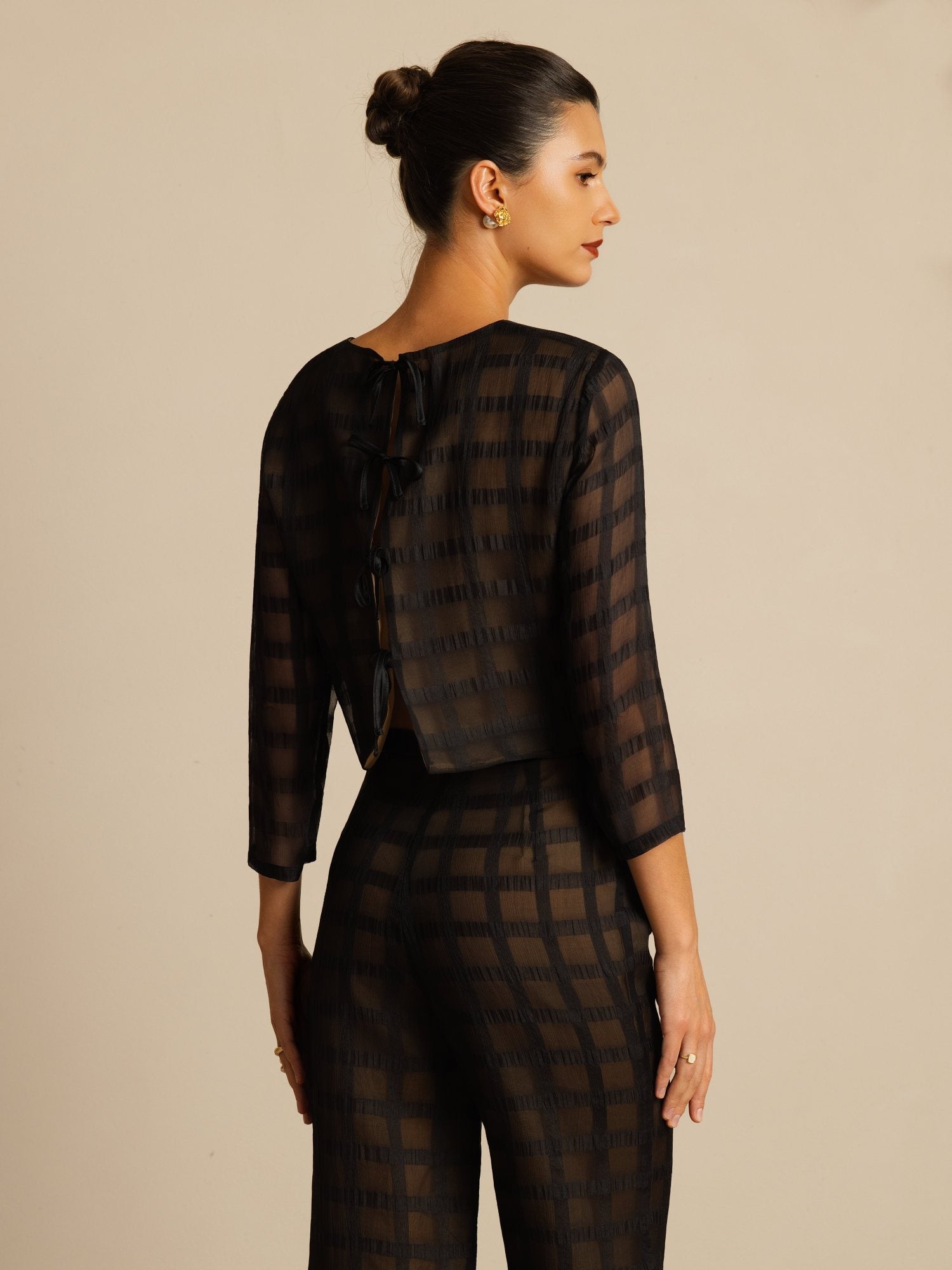 [Negro] SilkSilky-ES Seda Pura Manga larga Cuello Redondo Women''s Outfit Sets 007