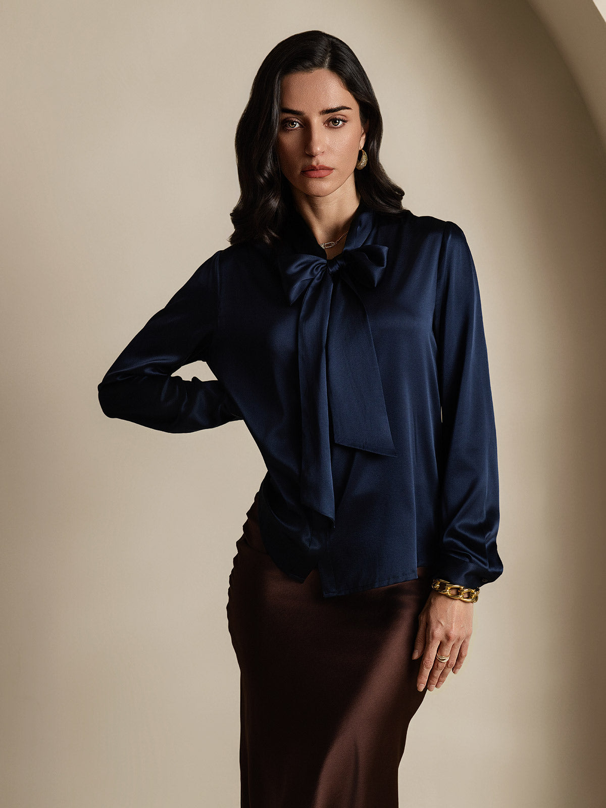[Azul Oscuro] SilkSilky-ES 19Momme Seda Manga larga Corbata Blusas de Mujer 003