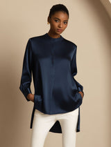 [Azul Oscuro] SilkSilky-ES 19Momme Manga larga Cuello Alto Blusa 007