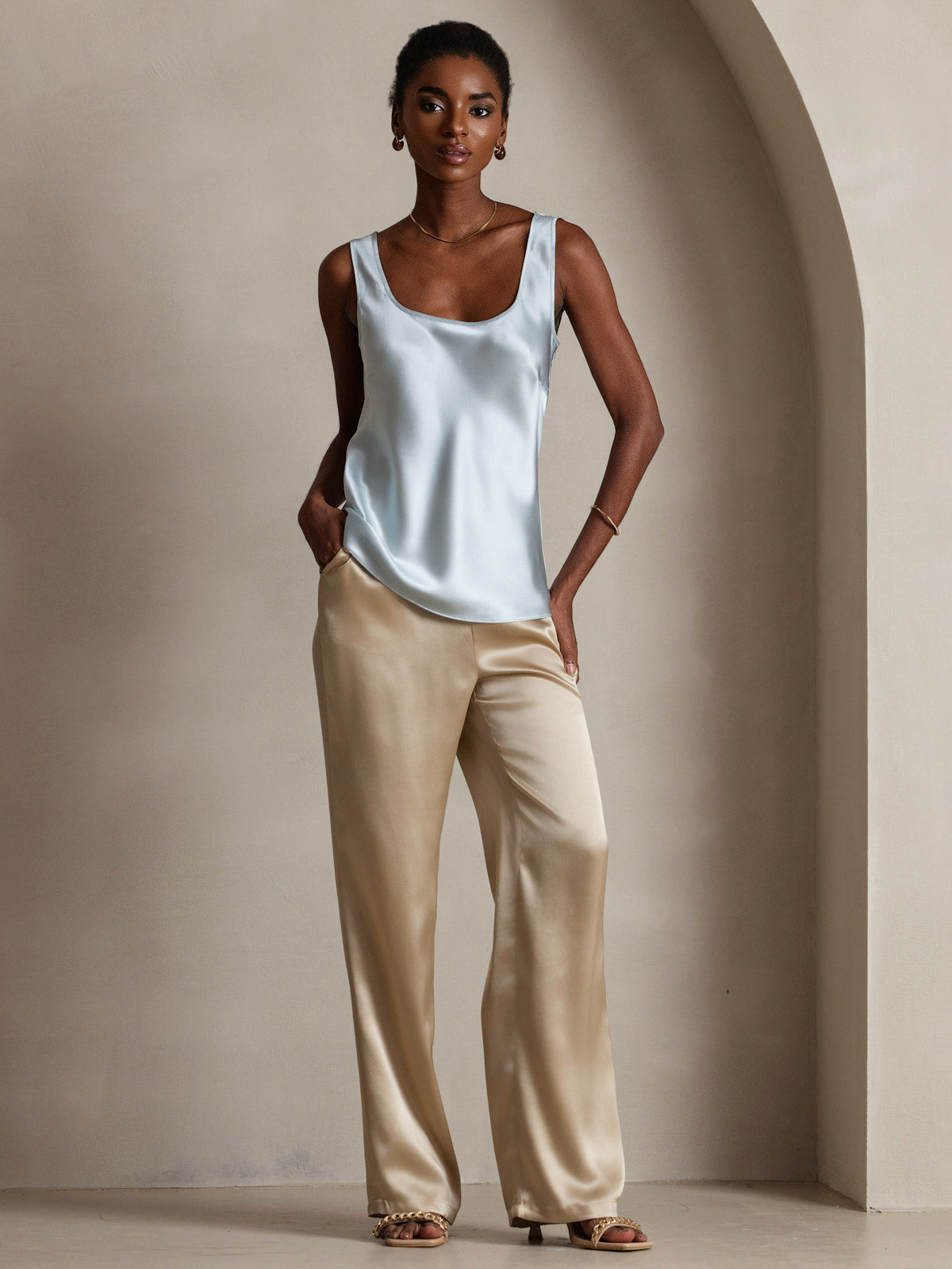 [Azul Claro] SilkSilky-ES 19Momme Seda Cuello en U Top de tirantes 008