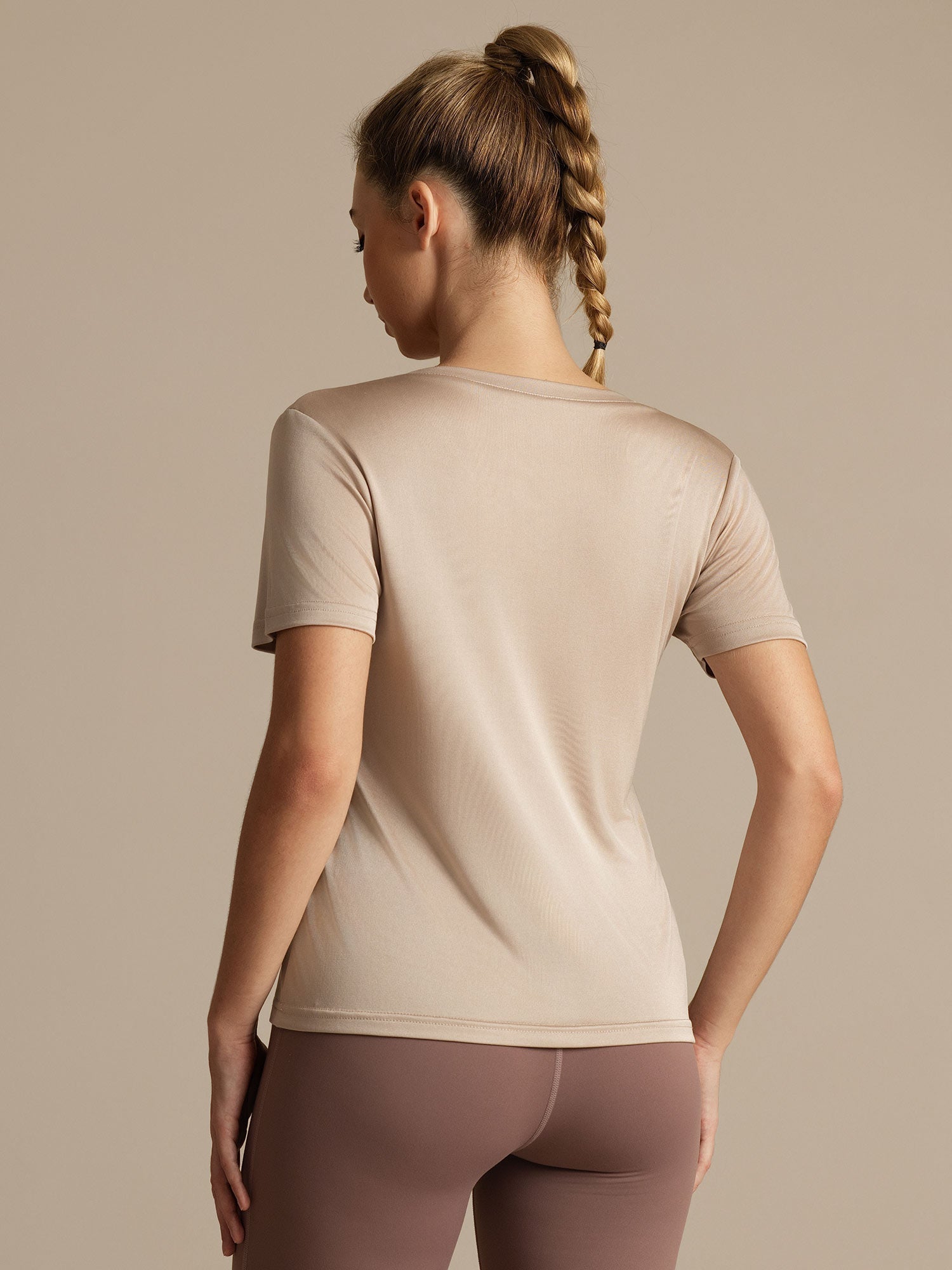 [Caqui Claro] SilkSilky-ES Manga corta Cuello en V Camisetas de Mujer 002
