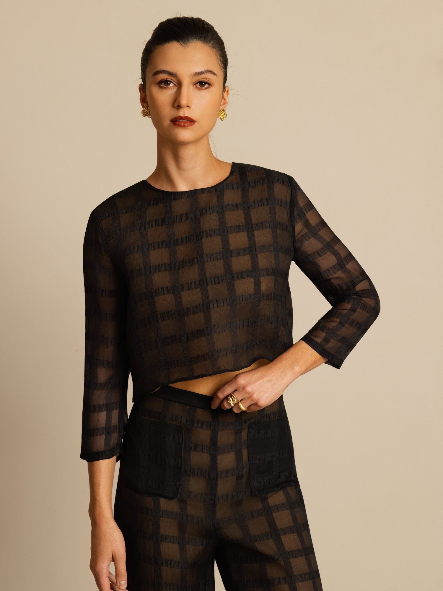 [Negro] SilkSilky-ES Seda Pura Manga larga Cuello Redondo Women''s Outfit Sets 006