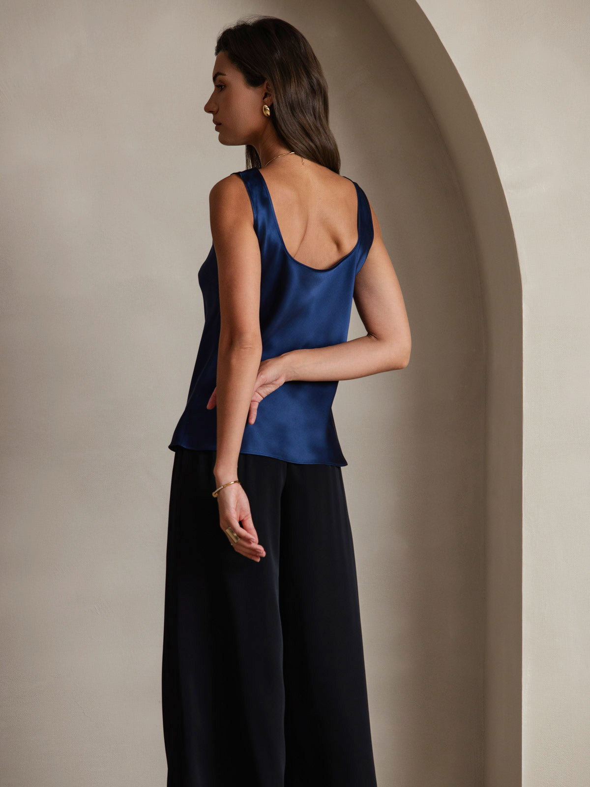 [Azul Oscuro] SilkSilky-ES 19Momme Seda Cuello en U Top de tirantes 004