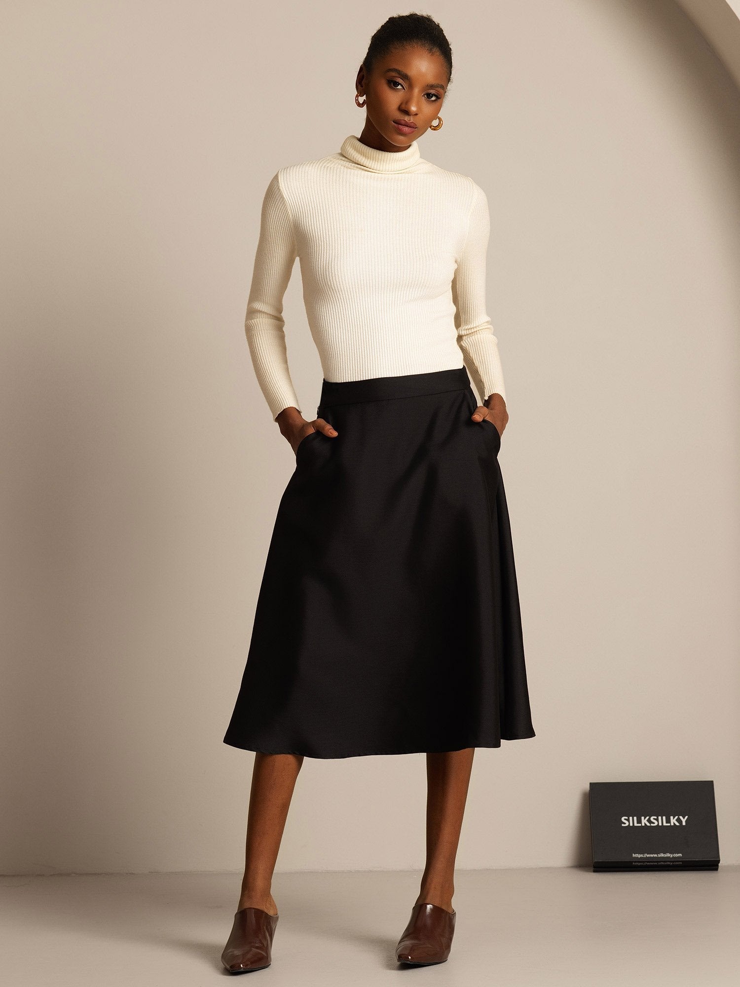 [Negro] SilkSilky-ES 32Momme Silk-Wool Blend Skirt 005,