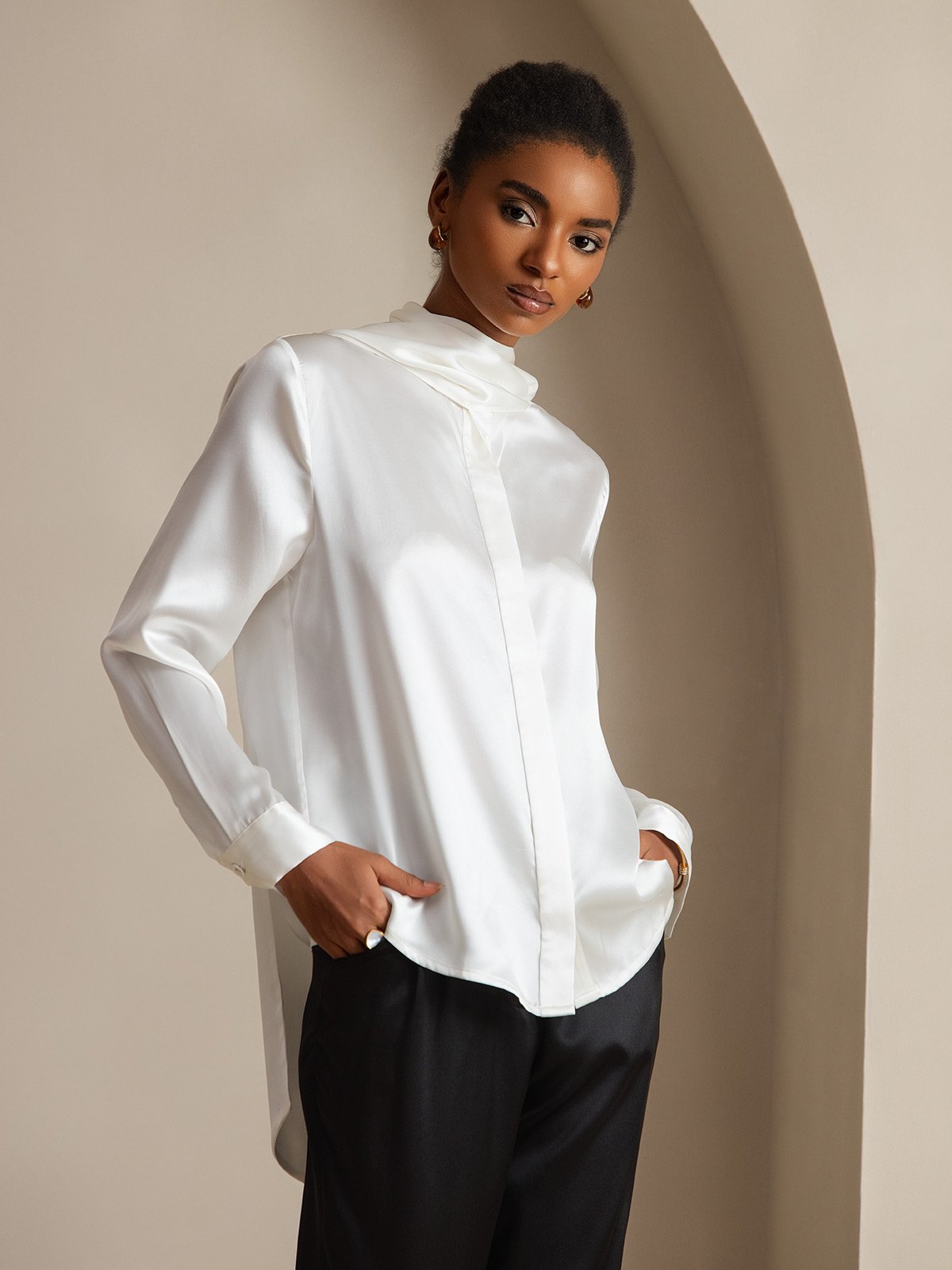 [Blanco] SilkSilky-ES 19Momme Seda Womens Shirt 005