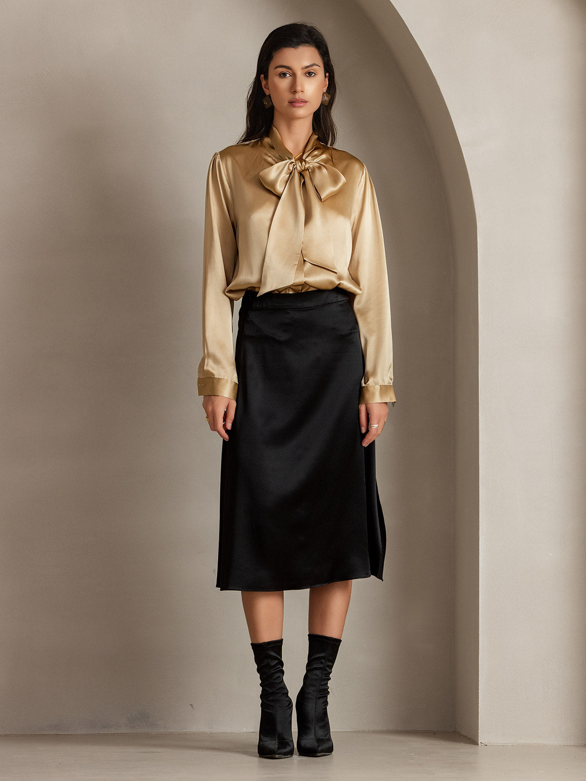 [Negro] SilkSilky-ES 19Momme Seda Skirt 003