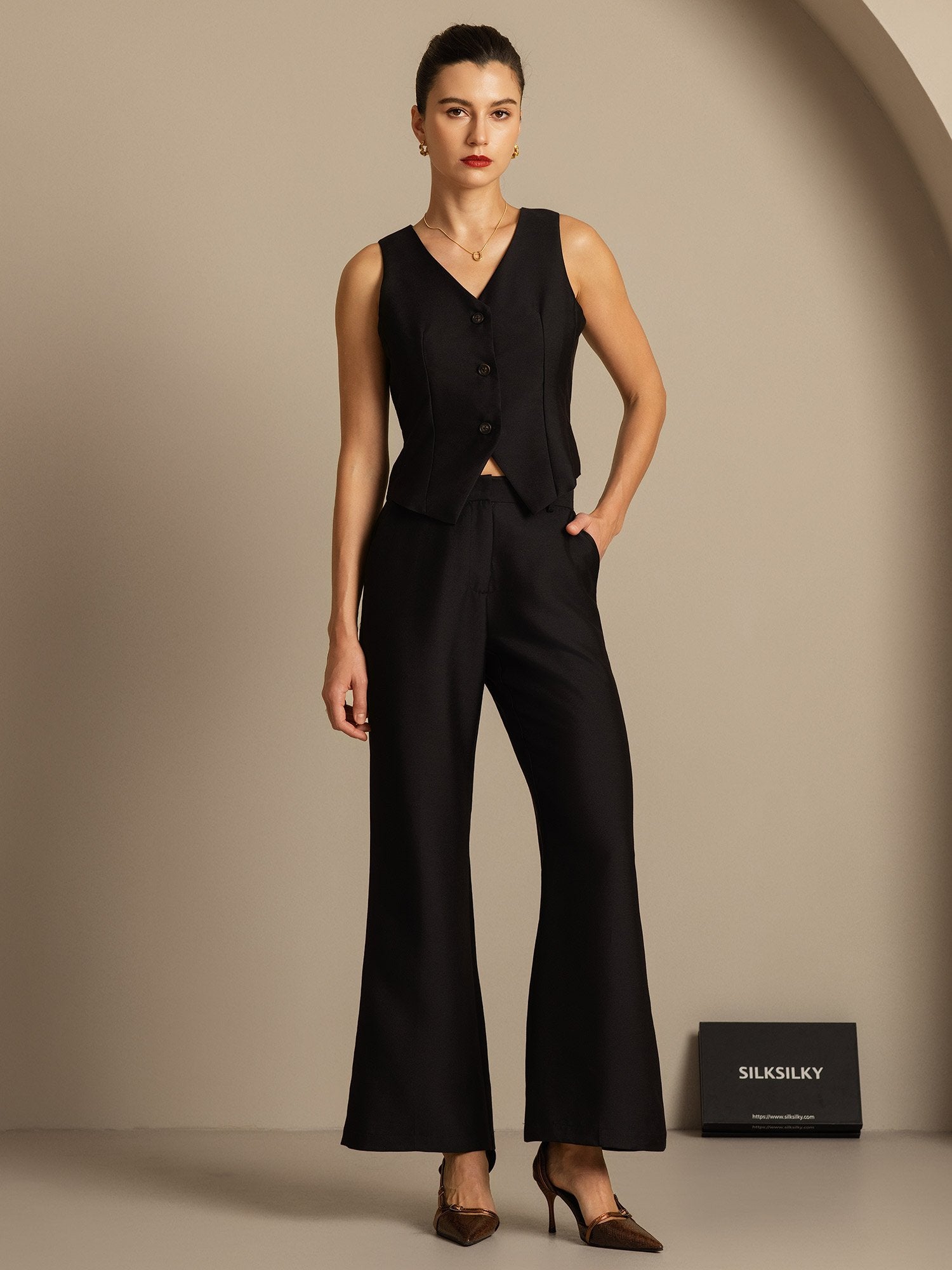 [Negro] SilkSilky-ES 32Momme Silk-Wool Blend Womens Pants 004,