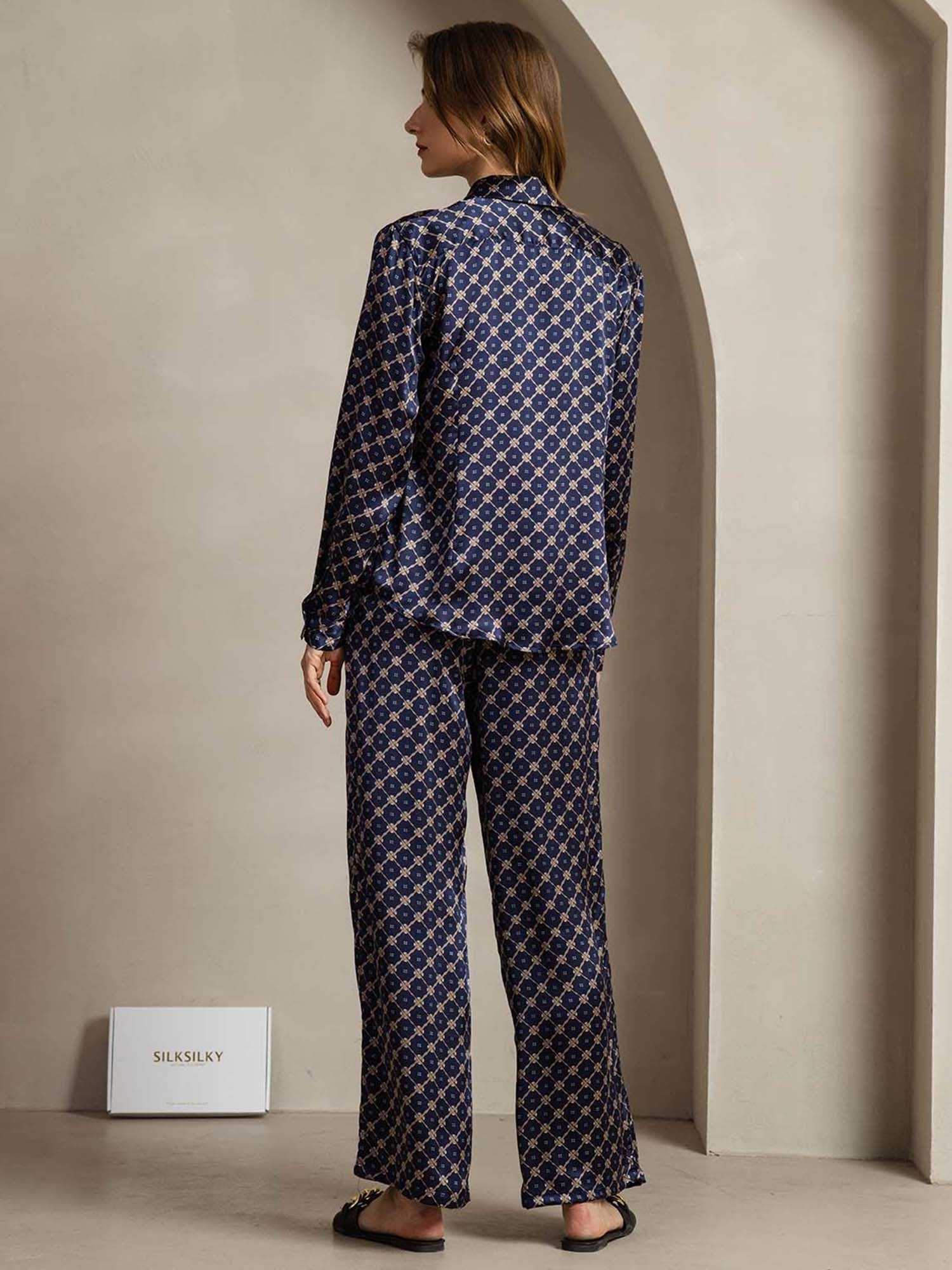 [CadenaAzulMarino] SilkSilky-ES 19Momme Seda Lapel Collar Women''s Outfit Sets 002