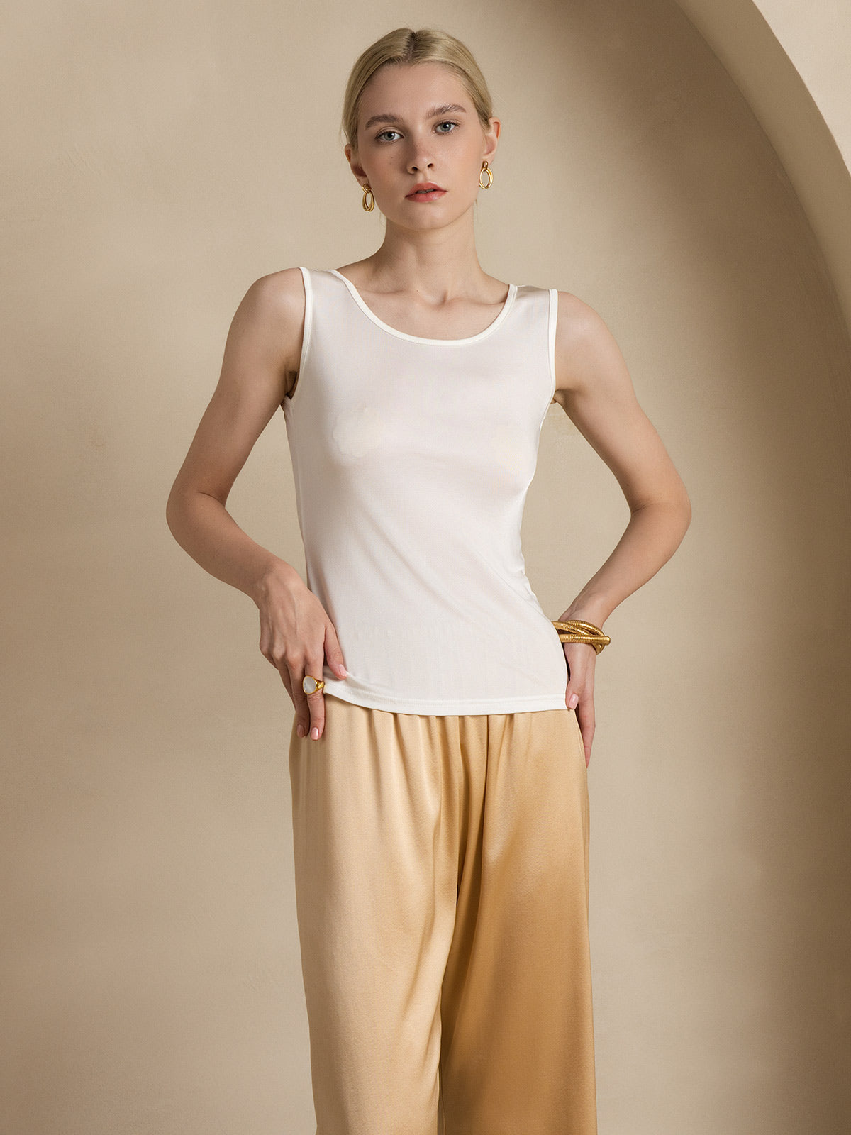 [Blanco] SilkSilky-ES Tejido de seda Sin mangas Round Neck Camisetas de Mujer 005