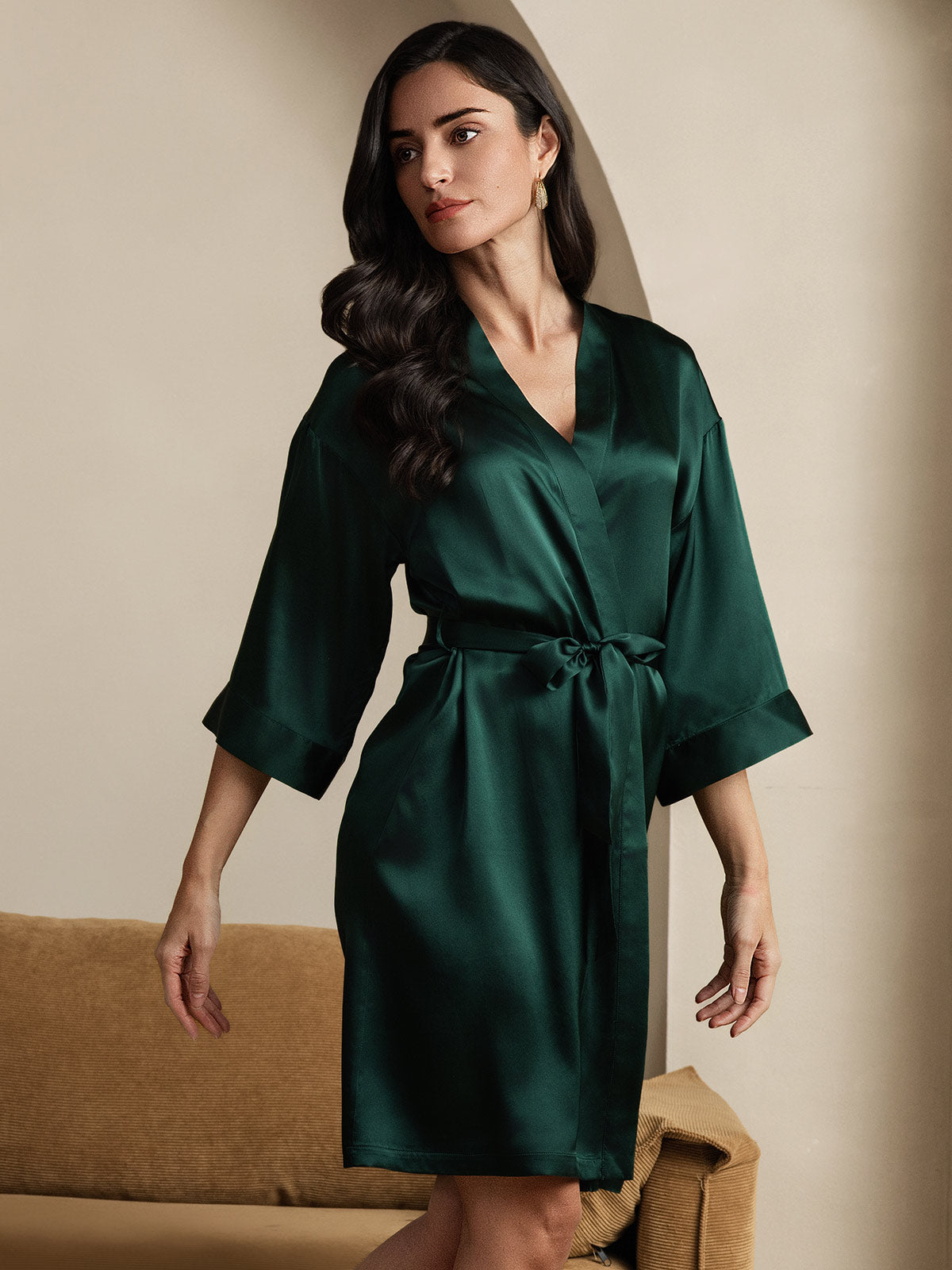 [Verde Oscuro] SilkSilky-ES Seda Pura Womens Robe 001