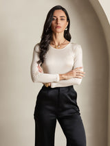 [Beige] SilkSilky-ES Manga larga Cuello Redondo Camisetas de Mujer 005