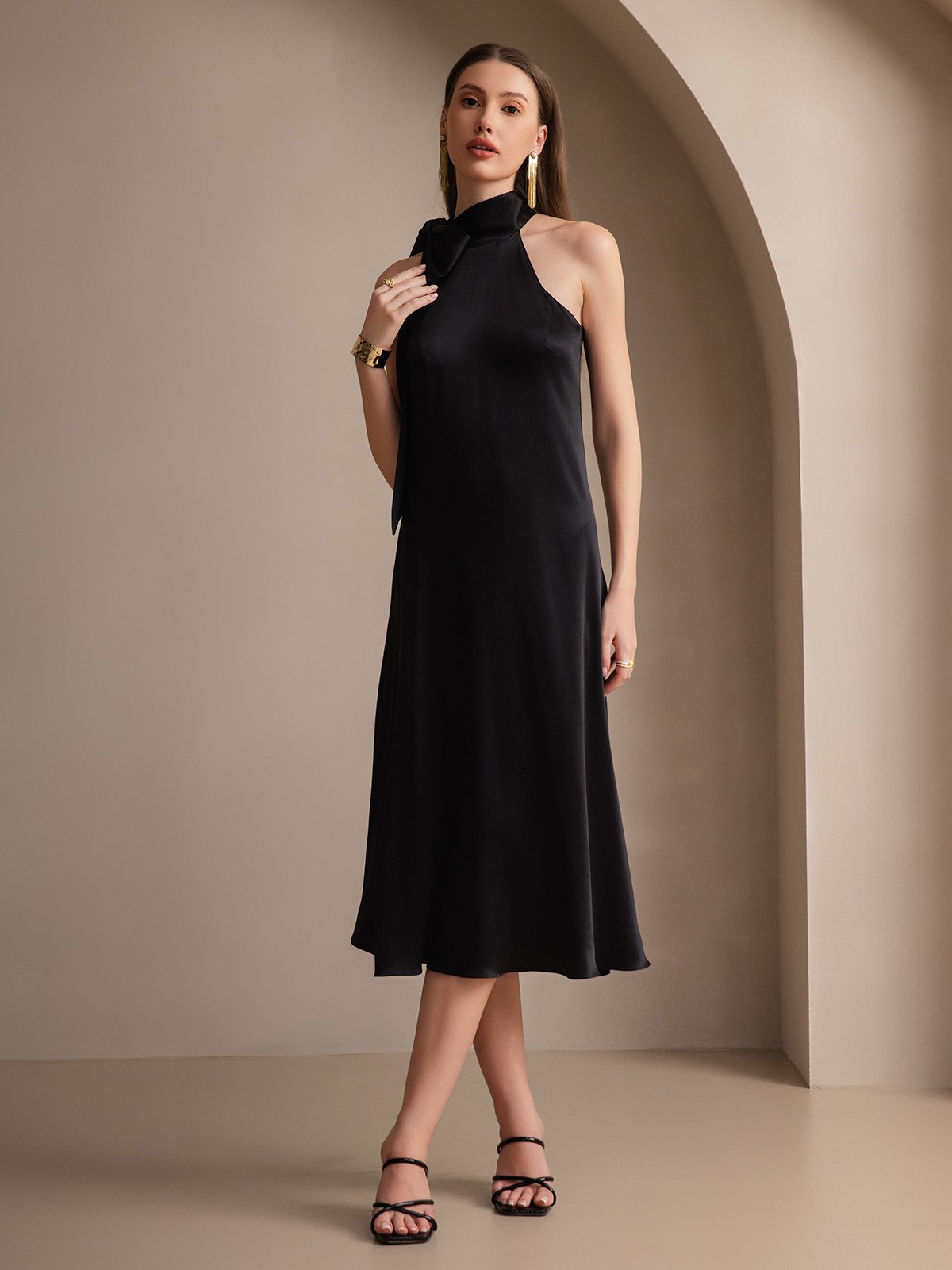 [Negro] SilkSilky-ES 19Momme Seda Sin mangas Corbata Vestido 004