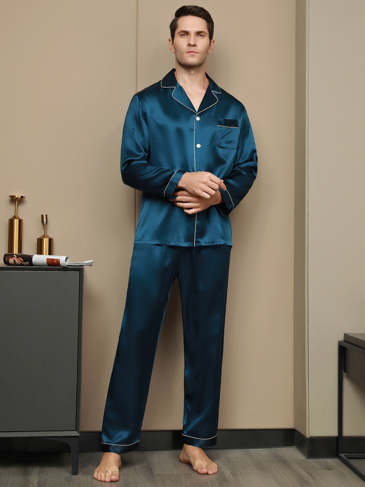 [Azul Real] SilkSilky-ES 19Momme Seda Pura Mens Pajamas 001