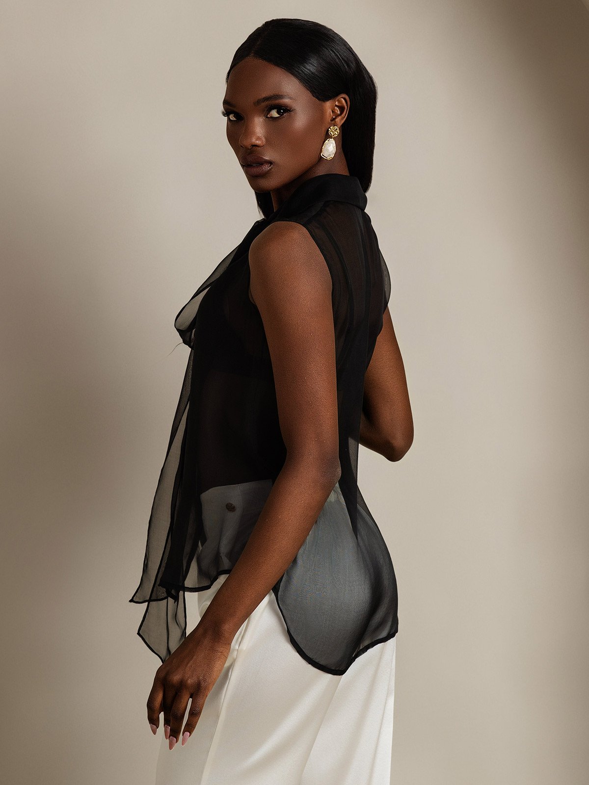 SilkSilky-ES Seda Pura Sin mangas Corbata Blusas de Mujer Negro 002