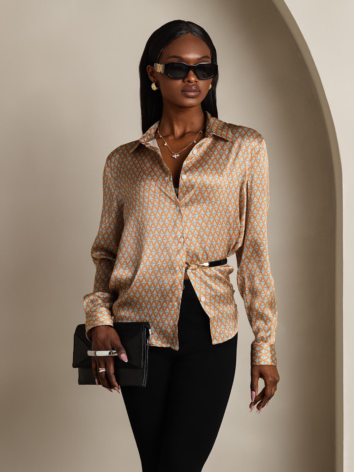 [Floral] SilkSilky-ES Seda Lapel Collar Blusas de Mujer 006