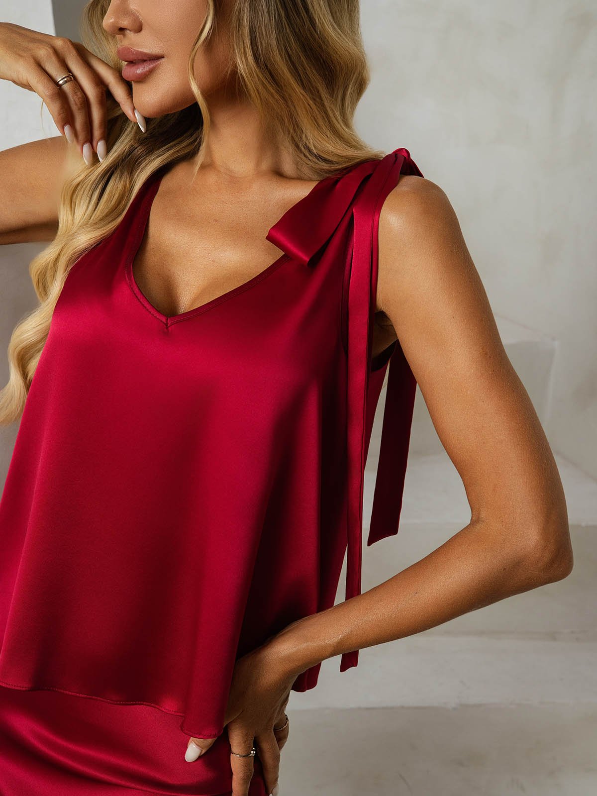 [Vino] SilkSilky-ES 19Momme Seda Cuello en V Women''s Outfit Sets 003