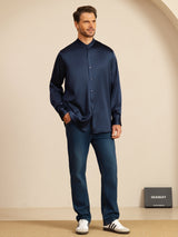[Azul Oscuro] SilkSilky-ES Long Sleeve Stand Collar Camisa de hombre 008