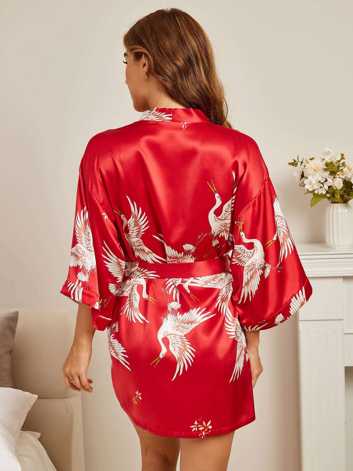 [Rojo Oscuro] SilkSilky-ES 19Momme Seda Pura Manga francesa Cuello en V profundo Bata de mujer 002