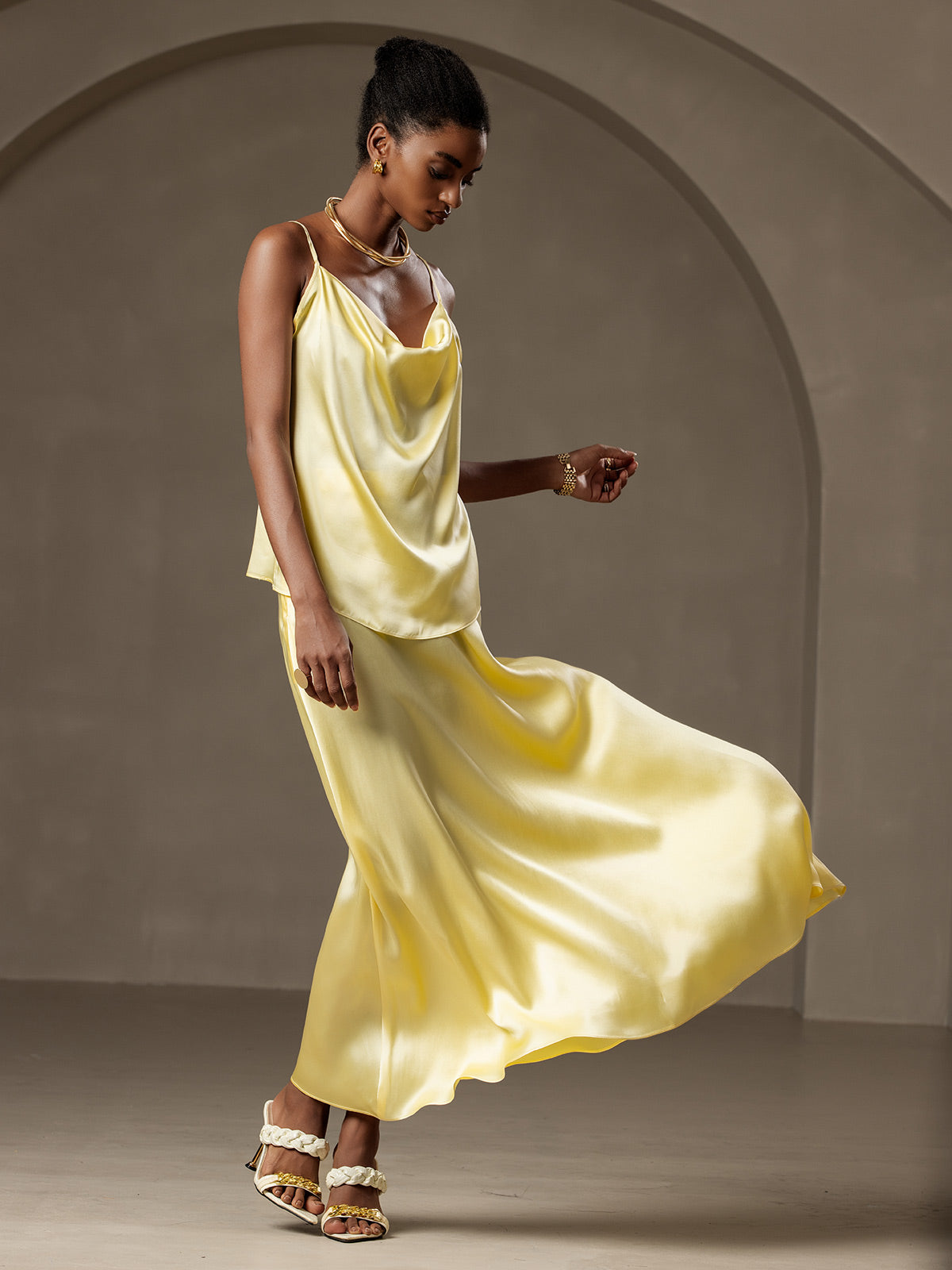 [Amarillo Claro] SilkSilky-ES 19Momme Seda Skirt 006