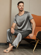 [Gris Oscuro] SilkSilky-ES Seda Pura Manga corta Round Neck Pijamas de hombre 004