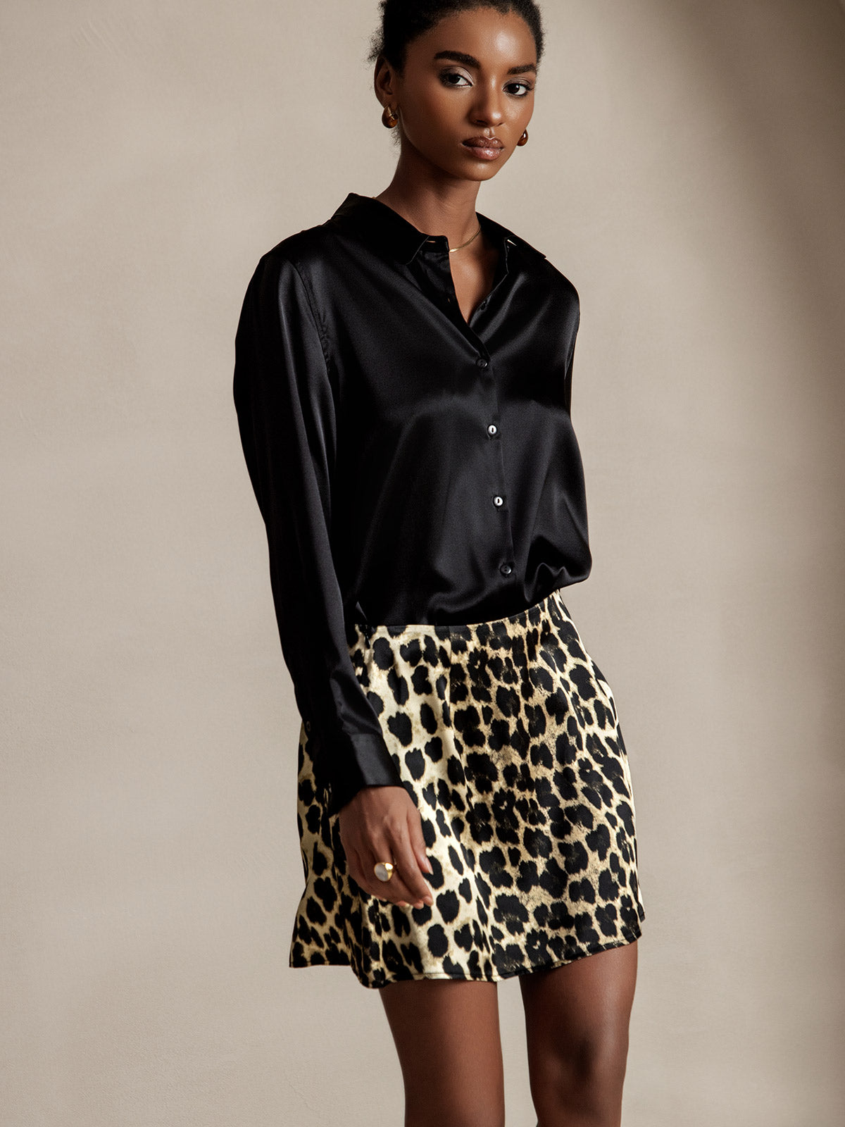 [Negro] SilkSilky-ES Seda Manga larga Cuello Camisero Blusas de Mujer 005