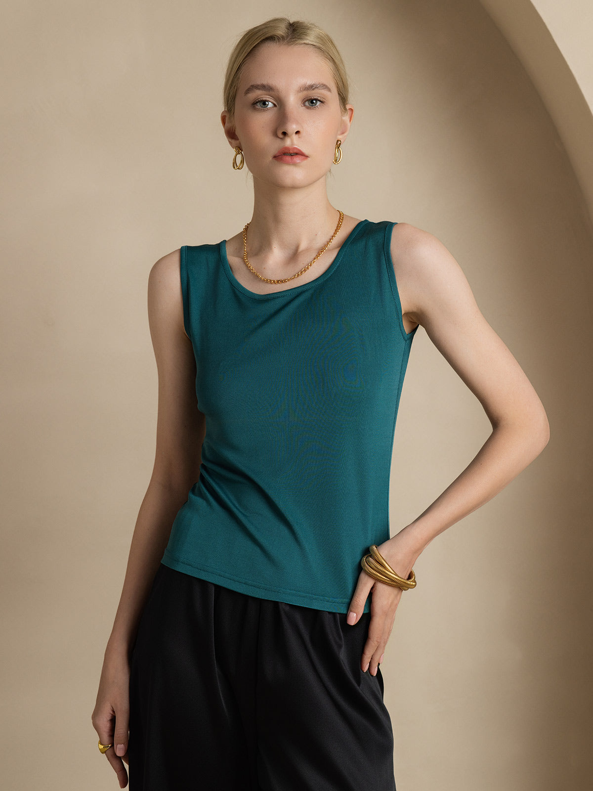 [Verde Oscuro] SilkSilky-ES Tejido de seda Sin mangas Round Neck Camisetas de Mujer 001