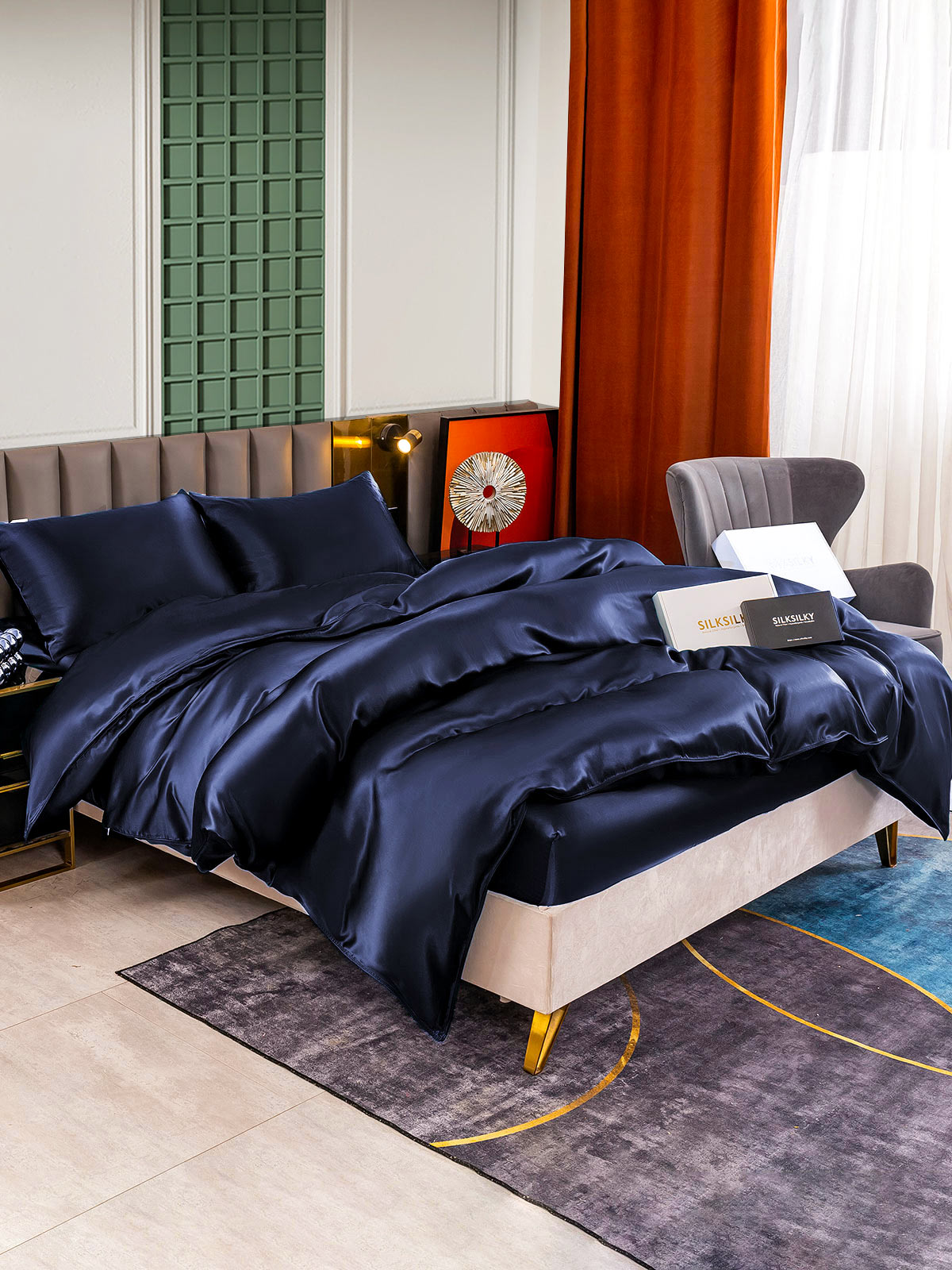 [Azul Oscuro] SilkSilky-ES 25Momme Seda Pura Bedding Set 002