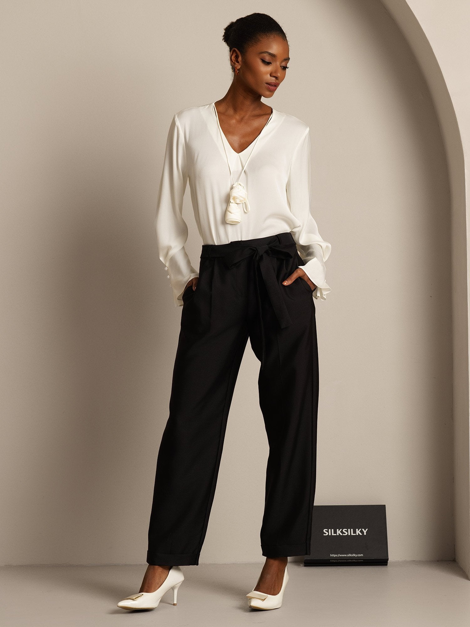 [Negro] SilkSilky-ES 32Momme Silk-Wool Blend Womens Pants 007,