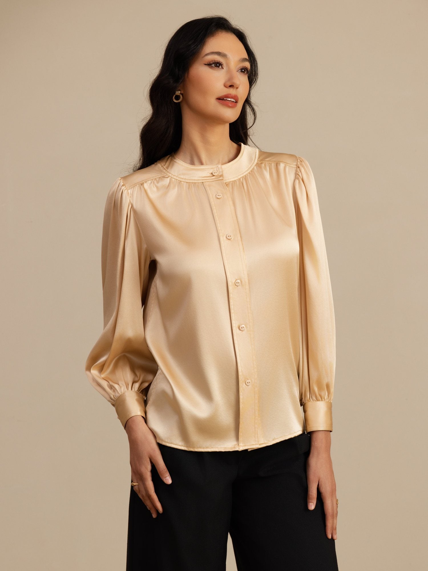 [Champán] SilkSilky-ES 19Momme Long Sleeve Round Neck Blusa 003