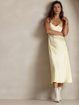 [Amarillo Claro] SilkSilky-ES Spaghetti Strap V Neck Vestido 005