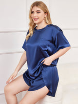 [Azul Oscuro] SilkSilky-ES Seda Pura Manga corta Round Neck Pijamas de mujer talla grande 004