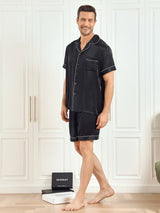 [Negro] SilkSilky-ES Short Sleeve Lapel Collar Pijamas de hombre 004