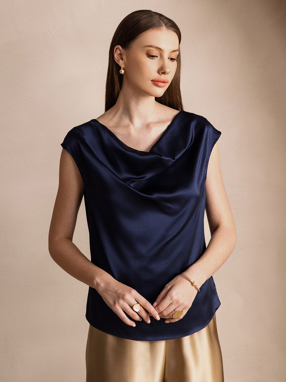 [Azul Oscuro] SilkSilky-ES 19Momme Seda Escote Caído Camisetas de Mujer 001