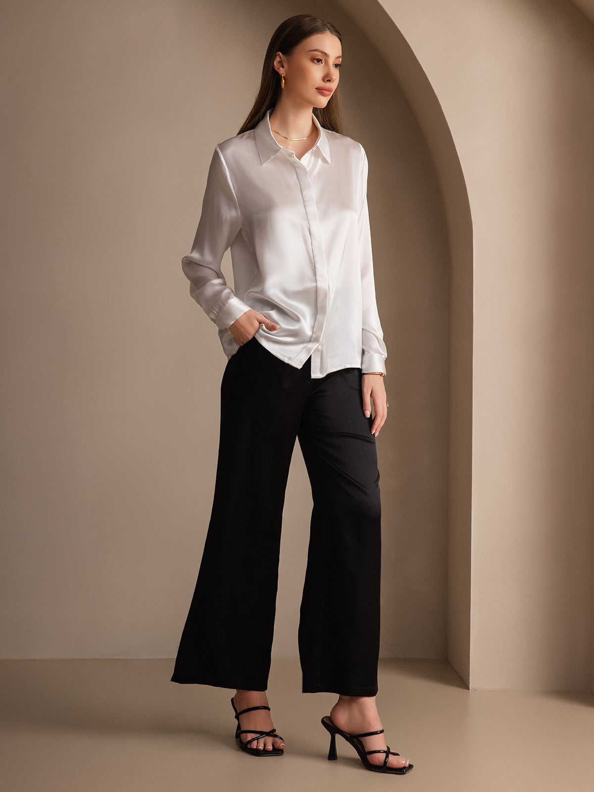 [Blanco] SilkSilky-ES 19Momme Seda Lapel Collar Blusas de Mujer 008