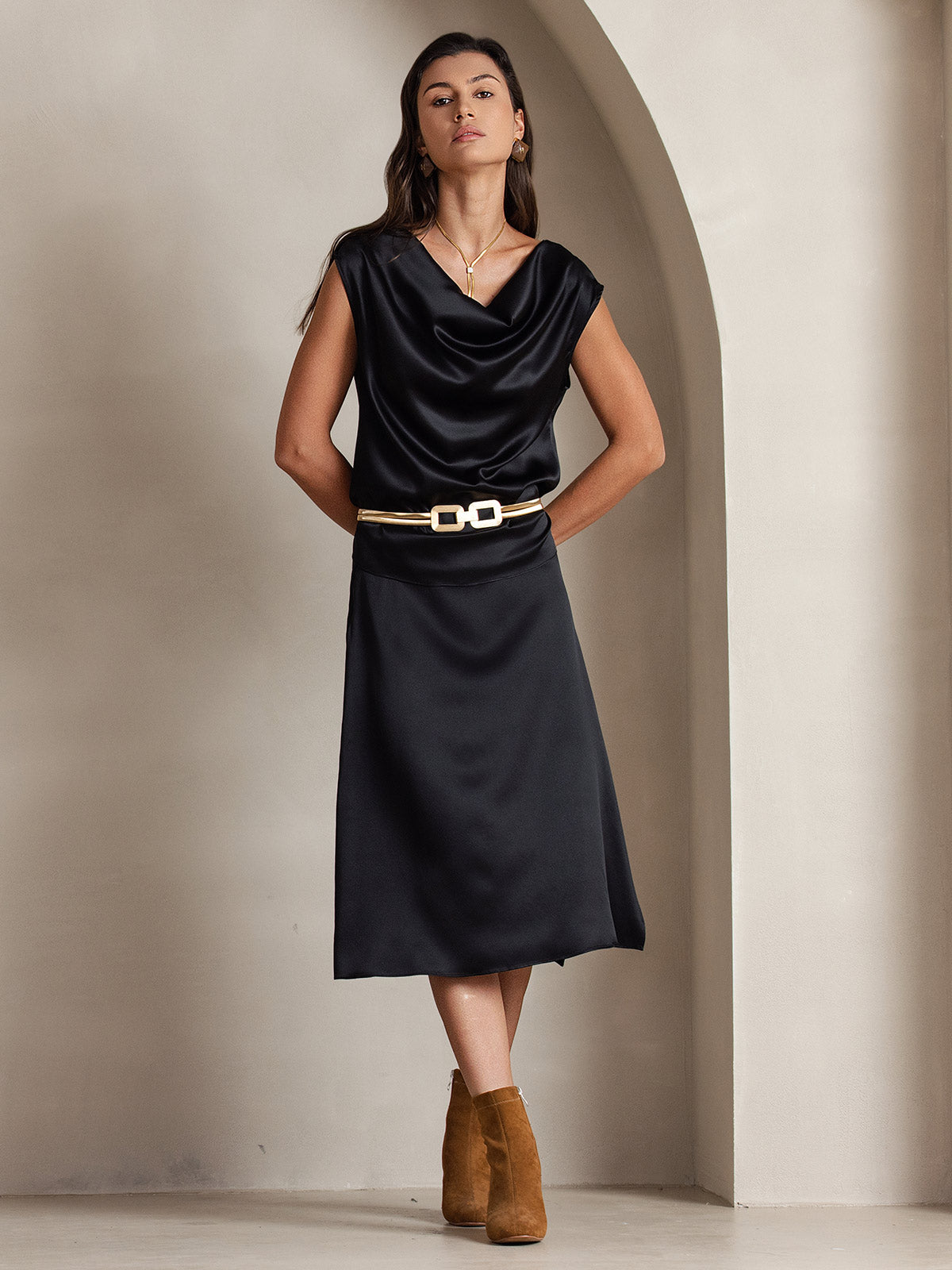 [Negro] SilkSilky-ES 19Momme Seda Escote Caído Camisetas de Mujer 005