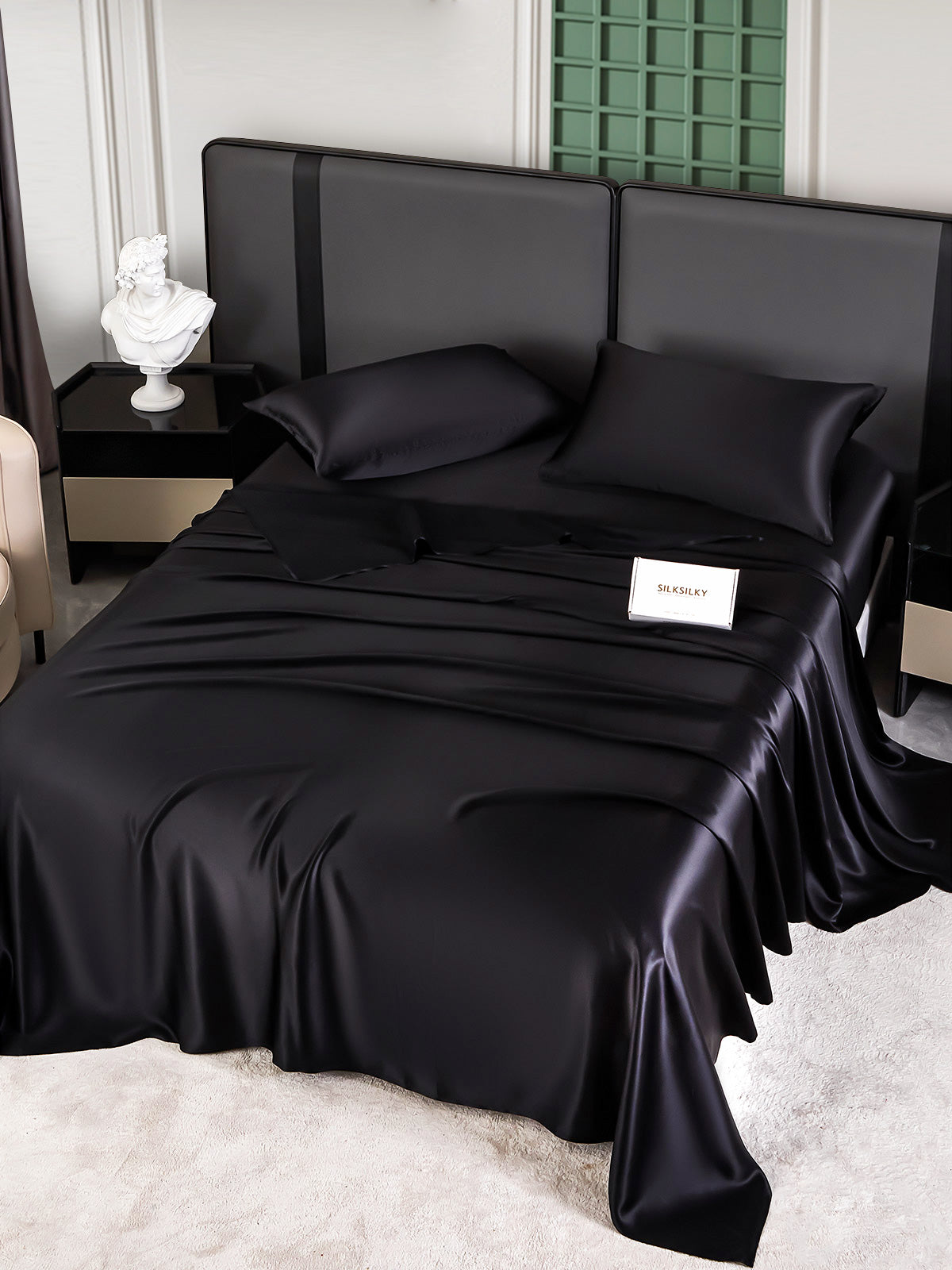 [Negro] SilkSilky-ES 25Momme Seda Pura Bedding Set 005