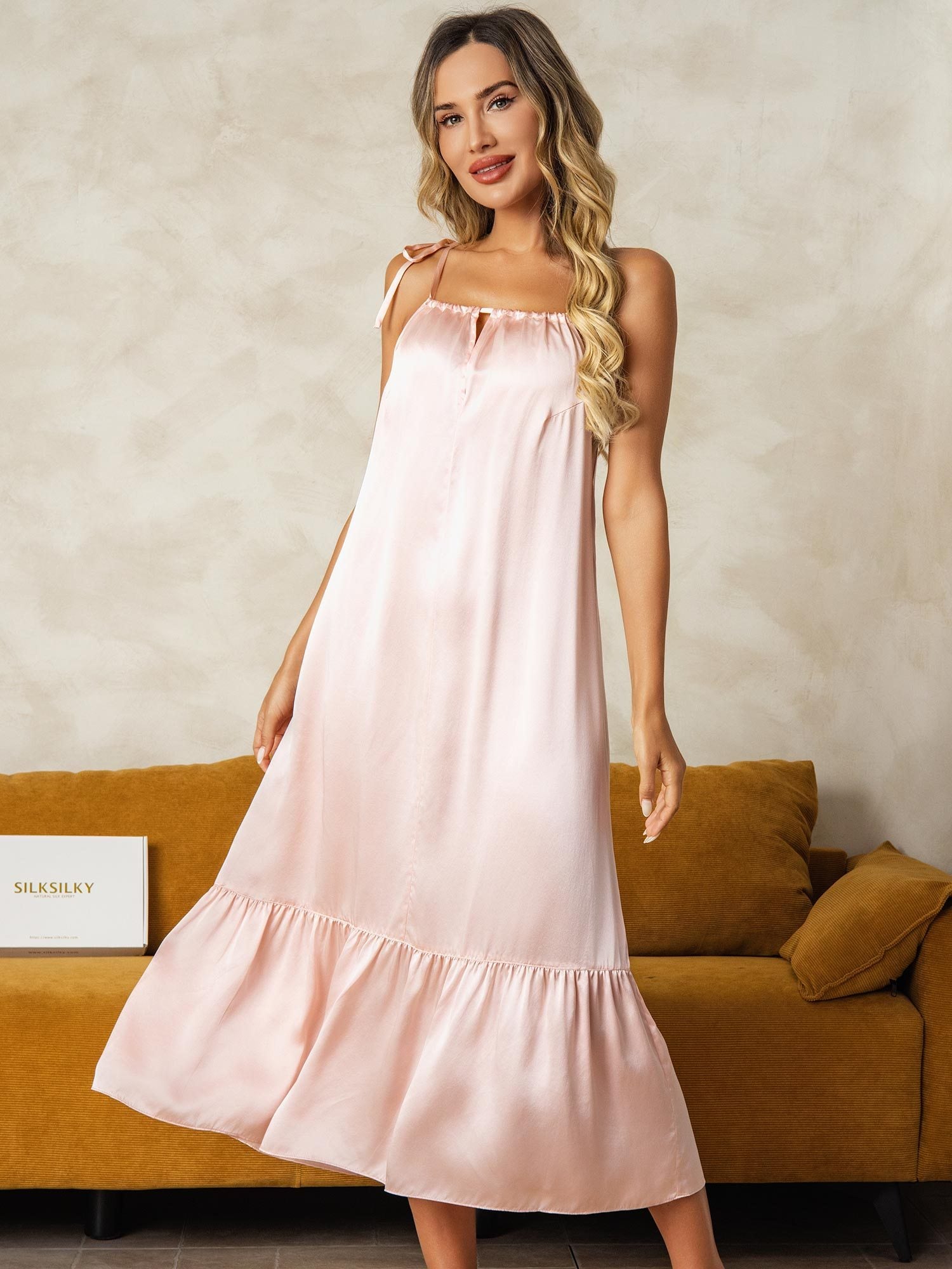 [Rosa] SilkSilky-ES Seda Pura Escote lágrima Camisón 003