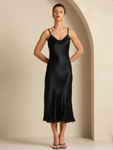 [Negro] SilkSilky-ES Spaghetti Strap V Neck Vestido 001