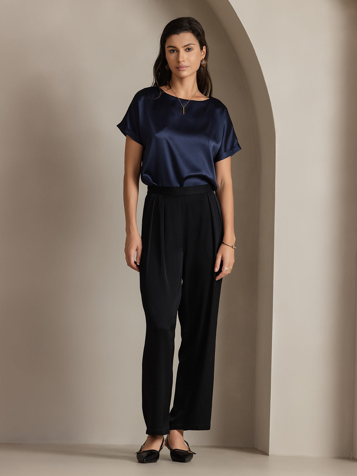 [Azul Oscuro] SilkSilky-ES 19Momme Seda Womens T-Shirt 005