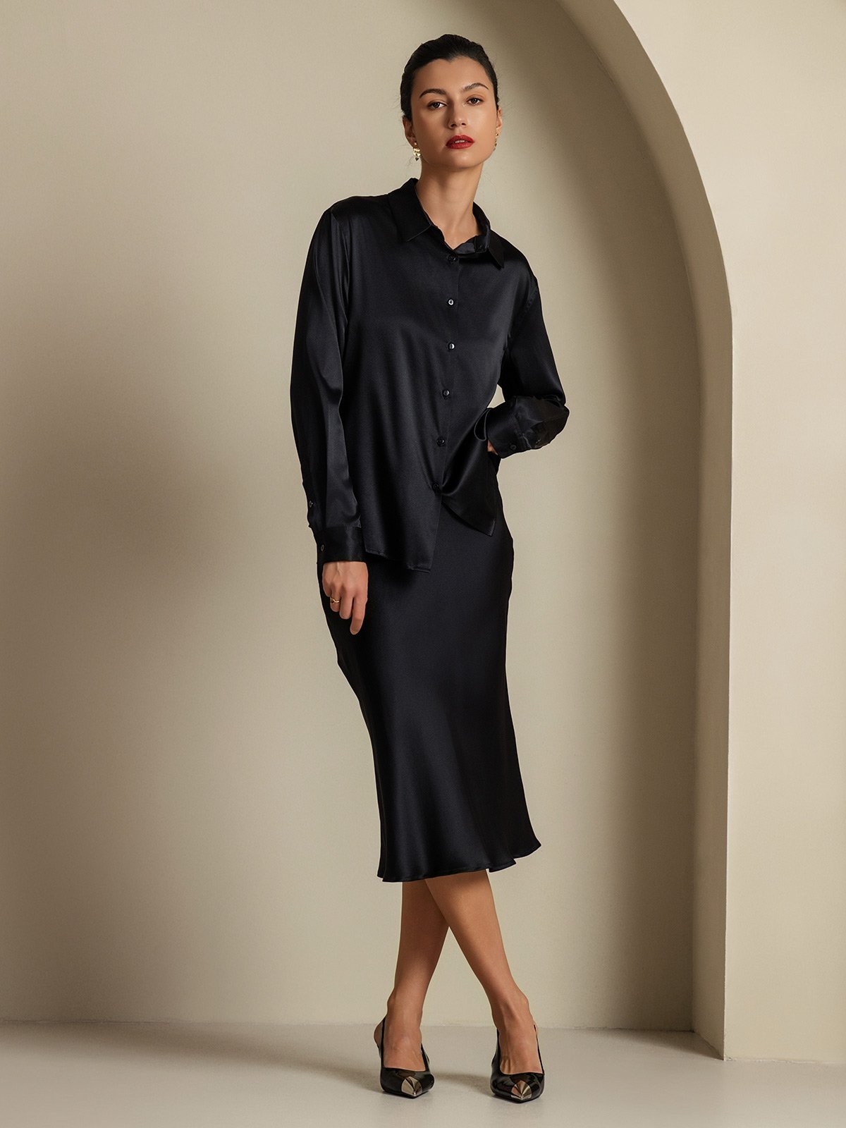 [Negro] SilkSilky-ES 19Momme Seda Cuello Camisero Women''s Outfit Sets 001,