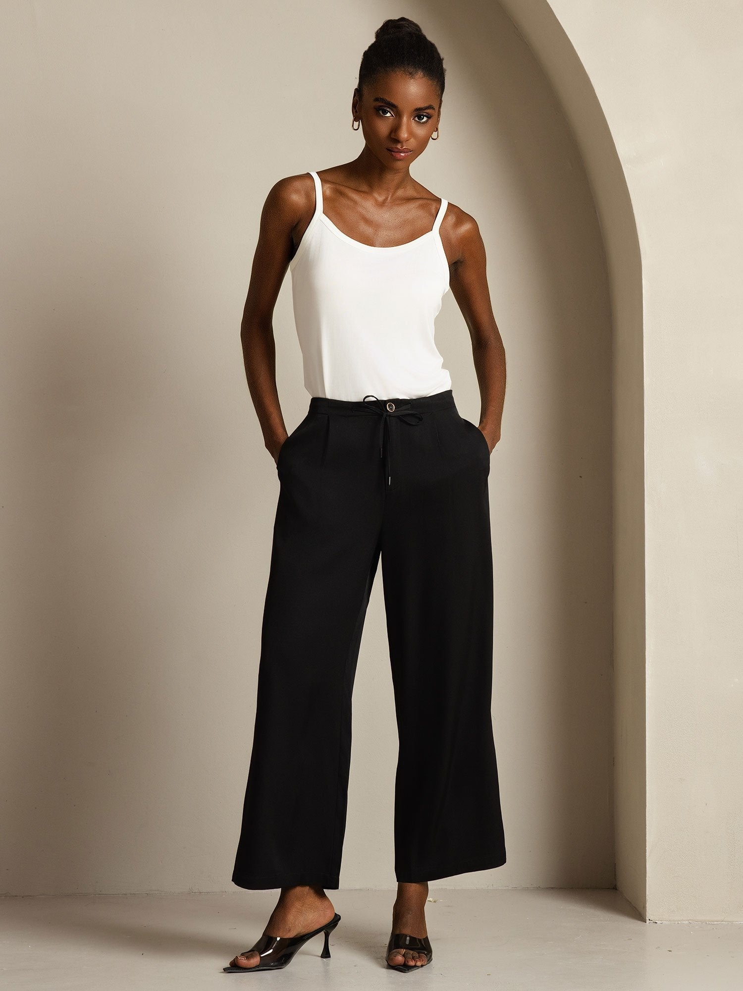 [Negro] SilkSilky-ES 19Momme Seda Womens Pants 006
