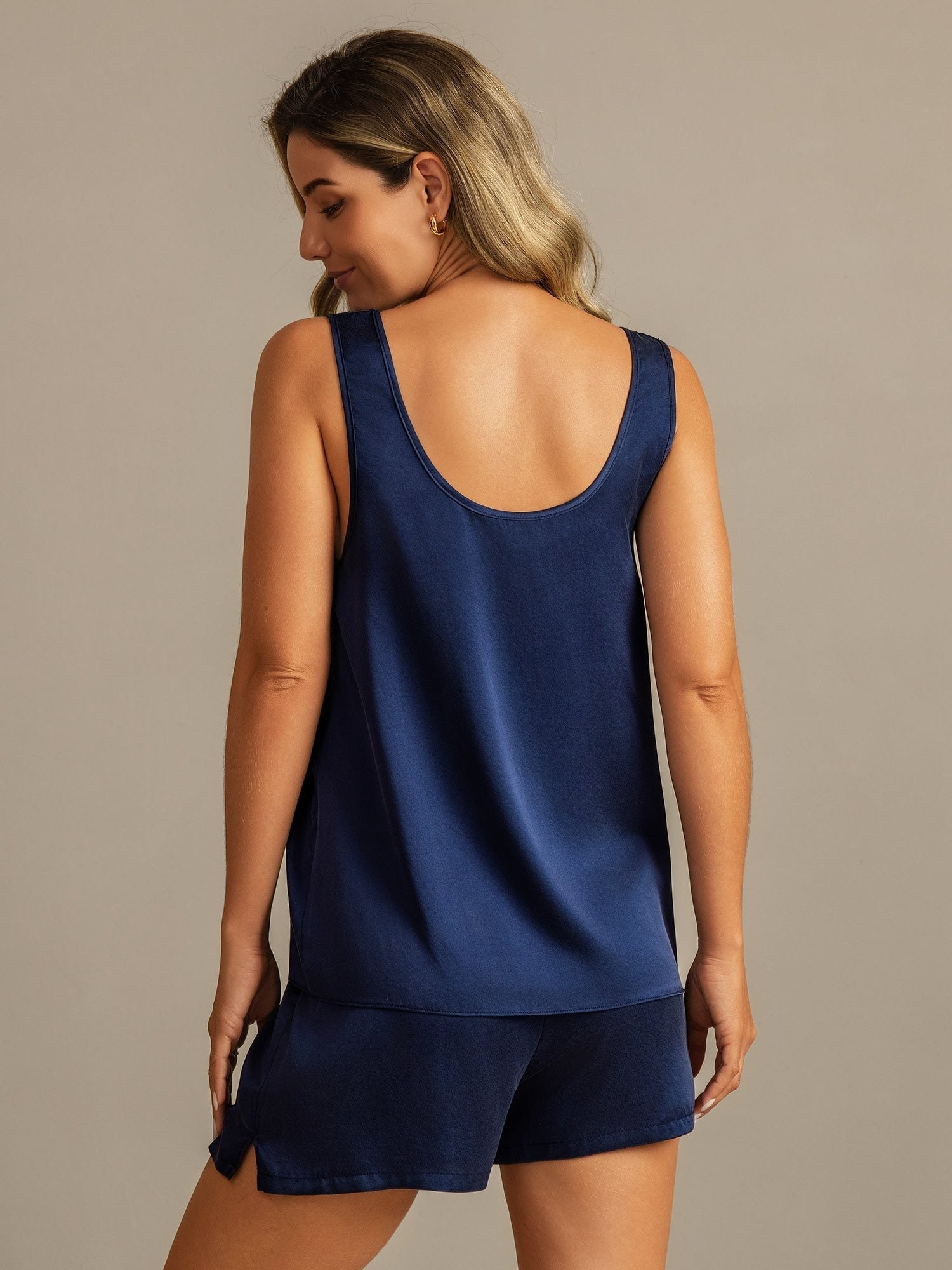 [Azul Oscuro] SilkSilky-ES 19Momme Seda Cuello en U Pijamas de mujer 002