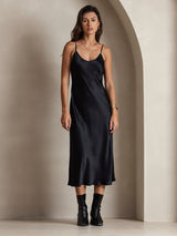 [Negro] SilkSilky-ES Spaghetti Strap V Neck Vestido 005
