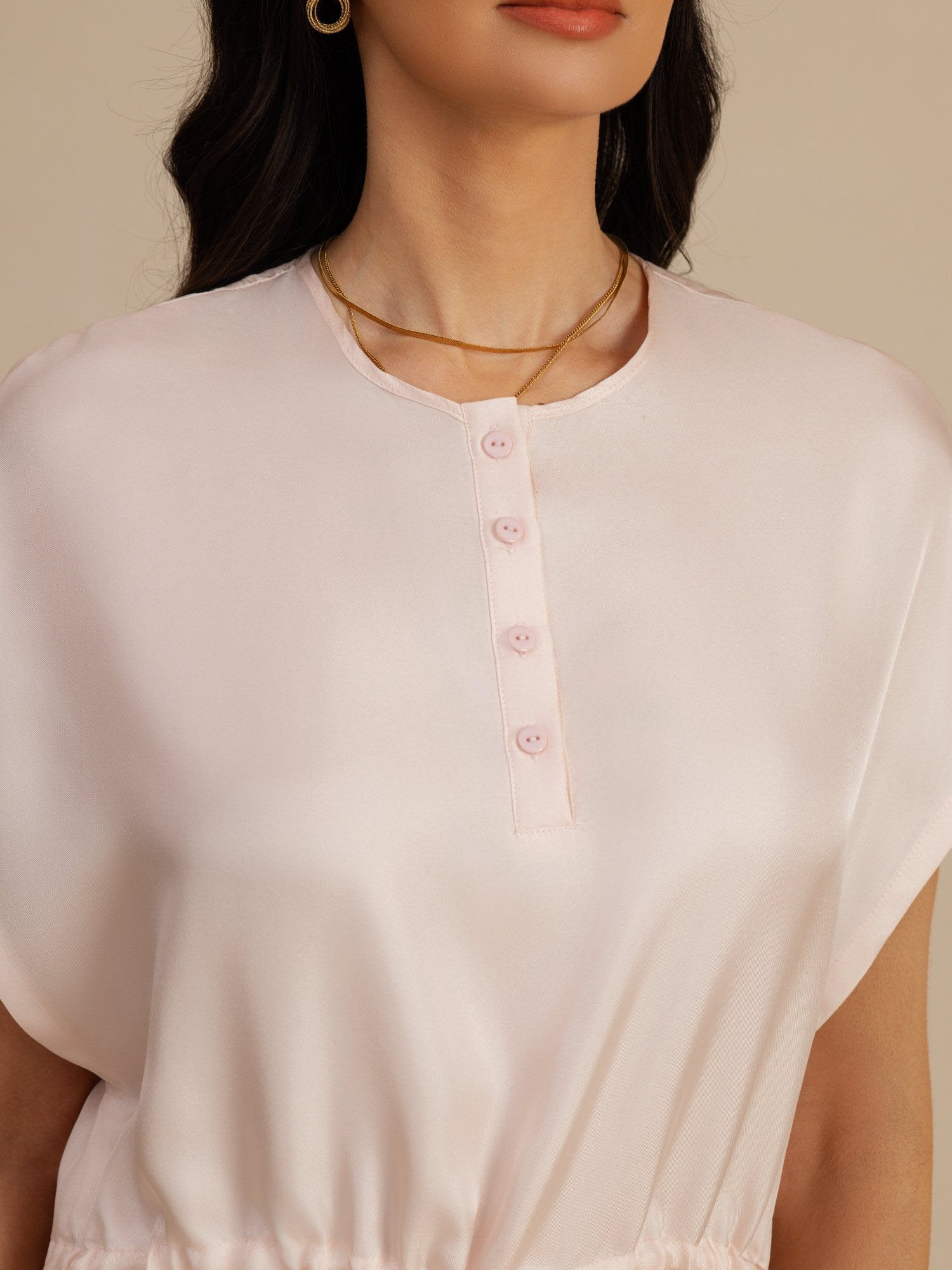 [Rosa] SilkSilky-ES 18Momme Manga Casquillo Cuello Henley Vestido 004